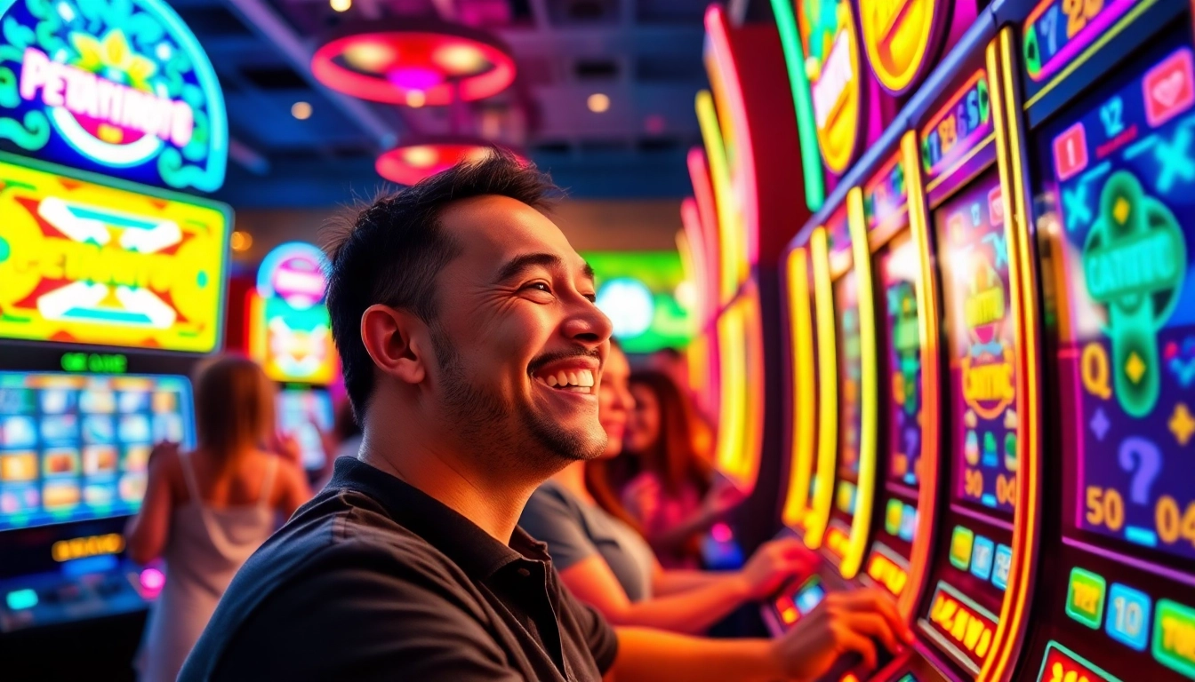 Menangkan jackpot di petanitoto dengan slot mesin yang penuh warna dan suasana kasino yang meriah.