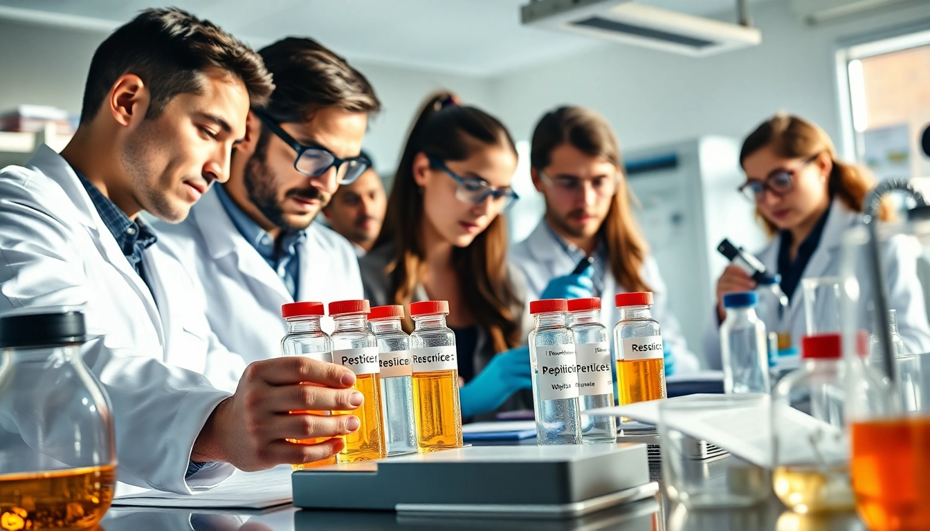 Scientists working with Research peptides in a modern laboratory setting, fostering innovation and collaboration.