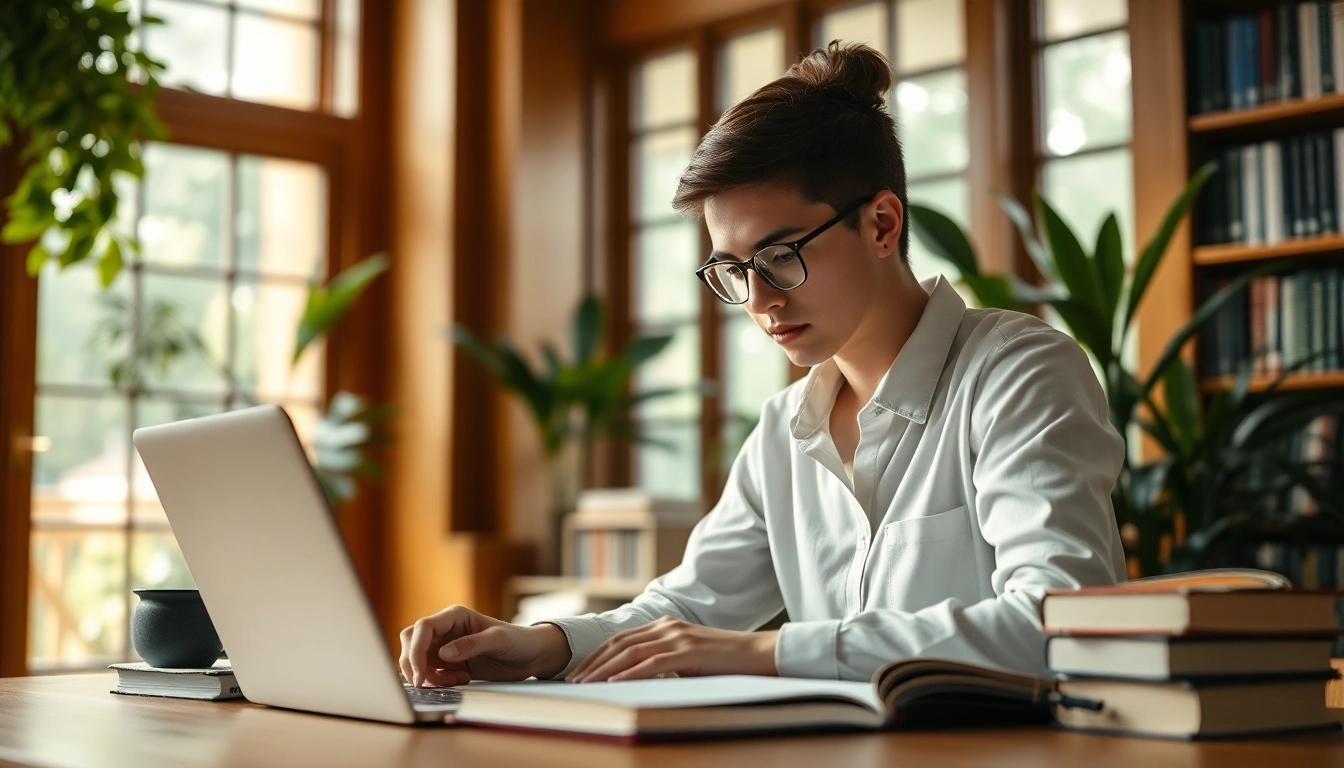 Lucrare licenta redactor concentrat la o masă în bibliotecă, cu laptop și cărți.