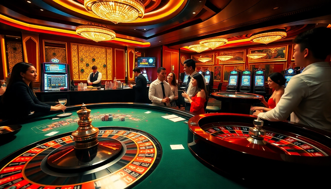 Exciting casino atmosphere with top nhà cái gaming options, vibrant tables, and lively players.