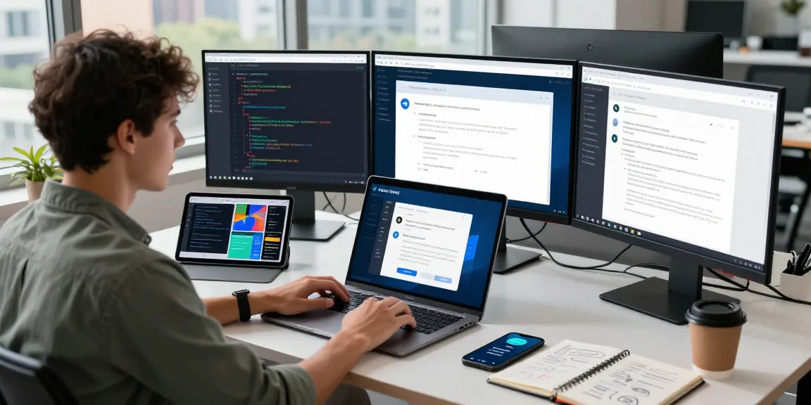 Dynamic workspace with 纸飞机下载 features visible on screens, highlighting coding and messaging.