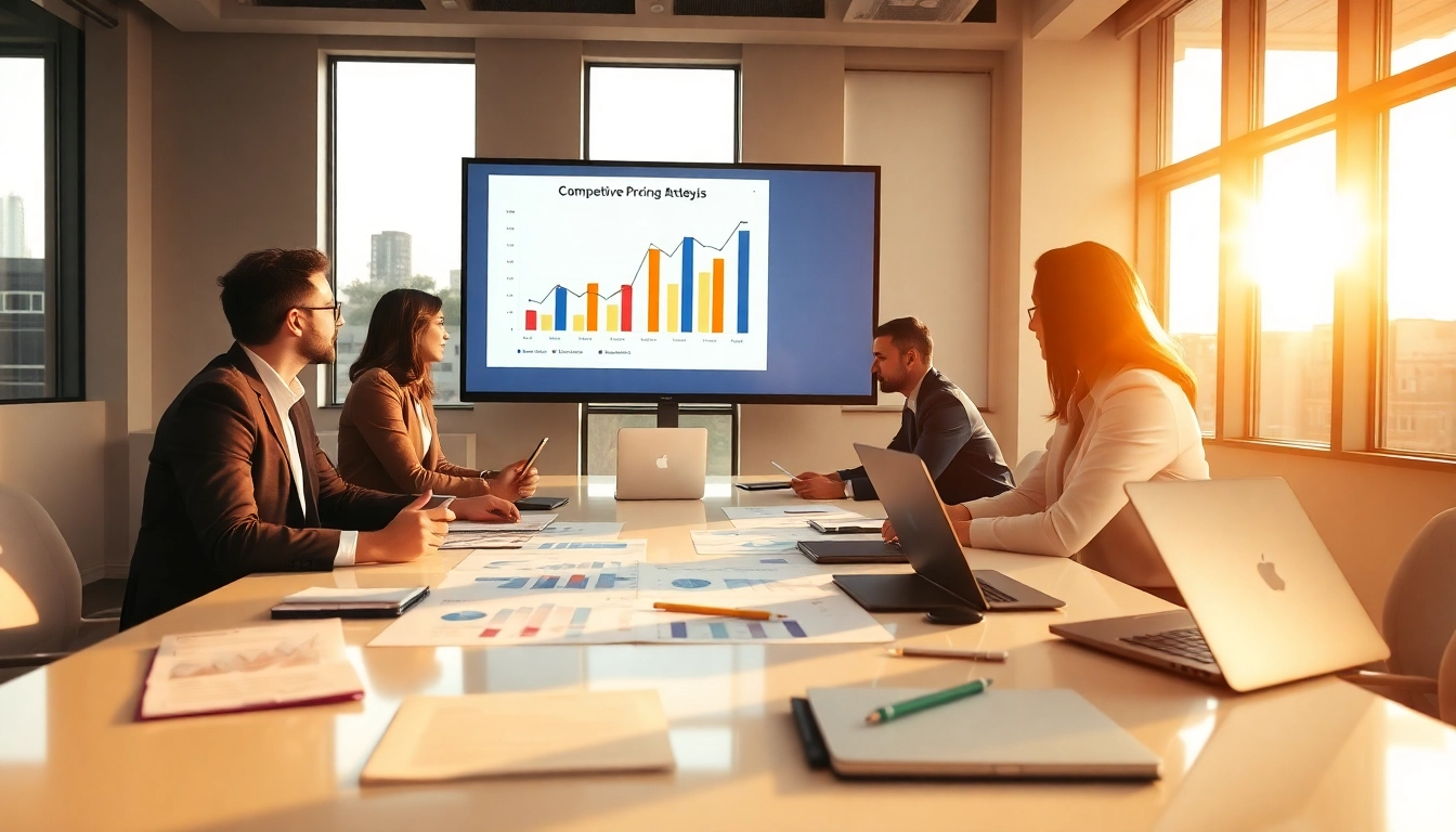 Analyze competitor pricing strategies in a modern conference room with charts and graphs.