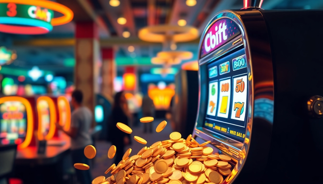 Putar link slot pada mesin slot yang memancarkan cahaya cerah dan pesona kasino.