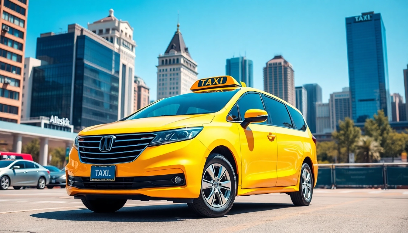 Long distance taxi transfers showcasing a professional taxi in a vibrant urban setting