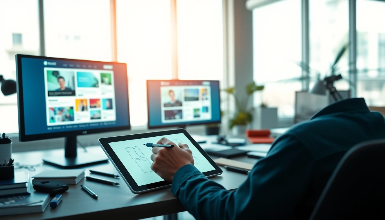 Showcasing website design Hereford with a modern office setup featuring designers at work.