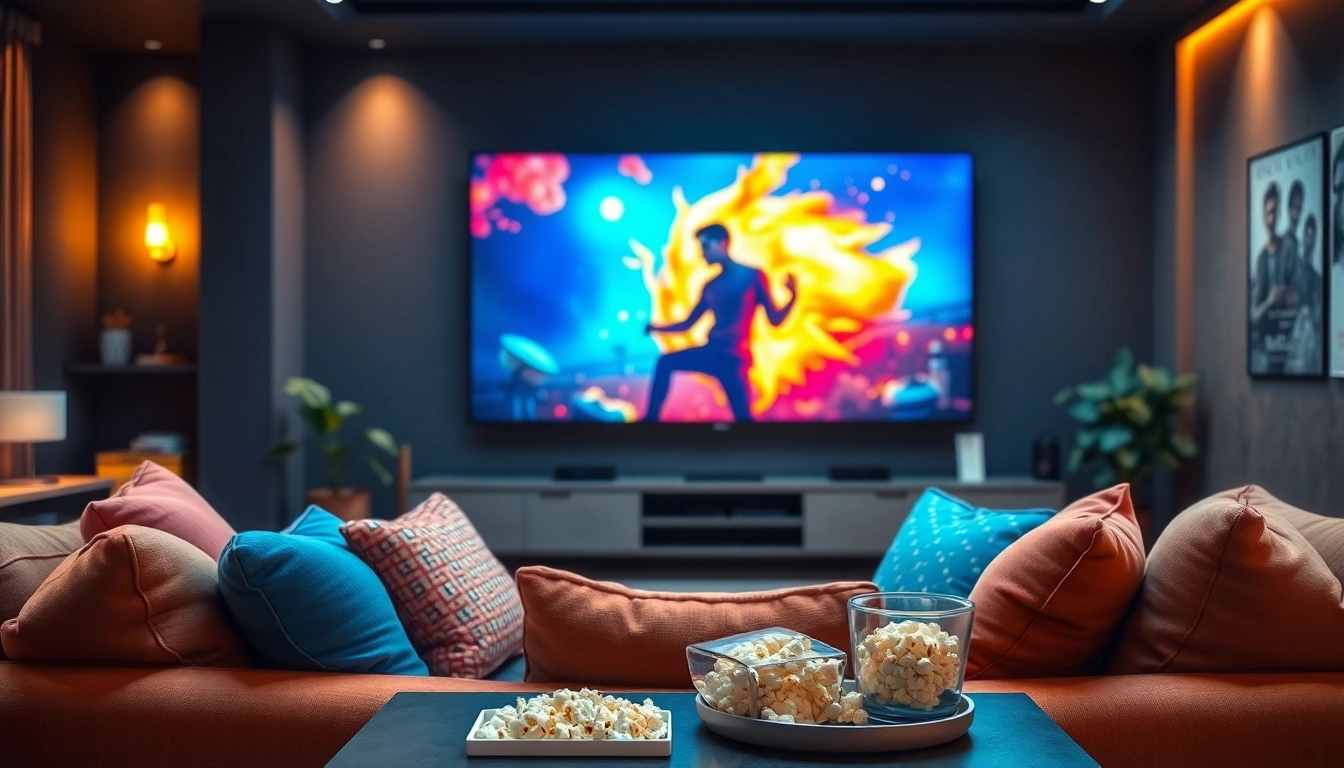 Enjoy ดูหนังออนไลน์ with a cozy home cinema setup featuring a large screen and vibrant decor.