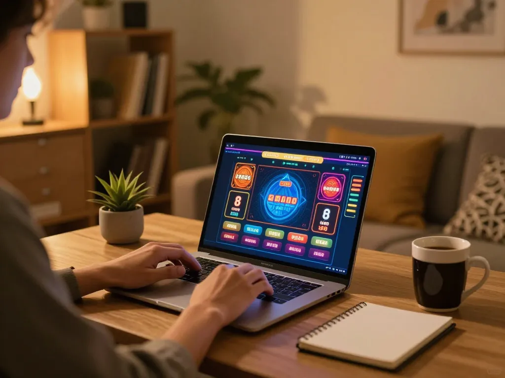 Engaging online gaming experience at home with thabet on the laptop, showcasing responsible gambling.
