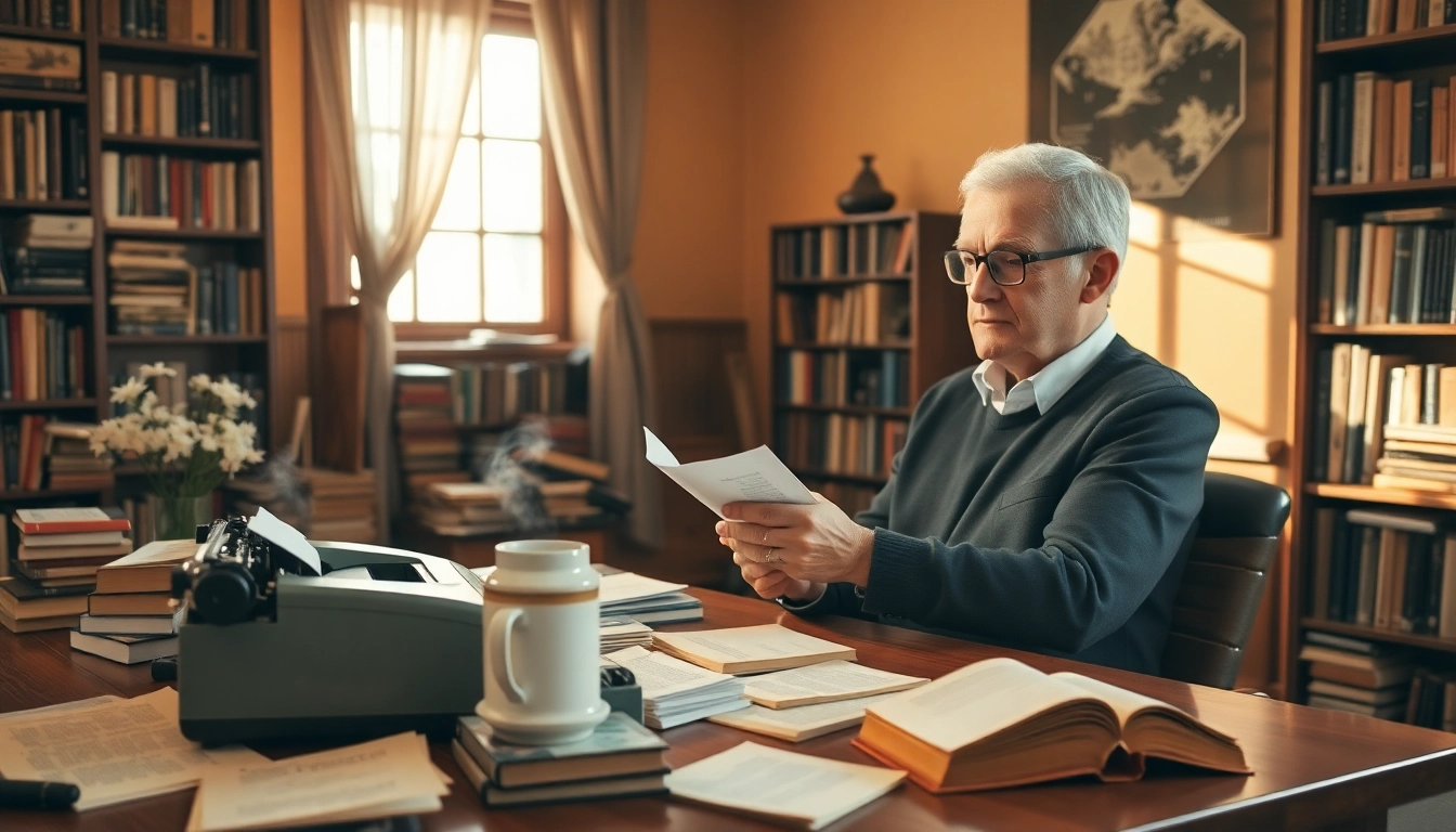 Author deeply engaged in writing at a vintage desk, surrounded by books.