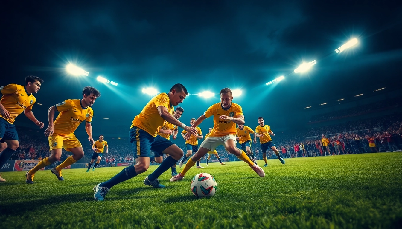 Experience the thrilling atmosphere of ฟุตบอลคืนนี้ with players competing under bright floodlights.