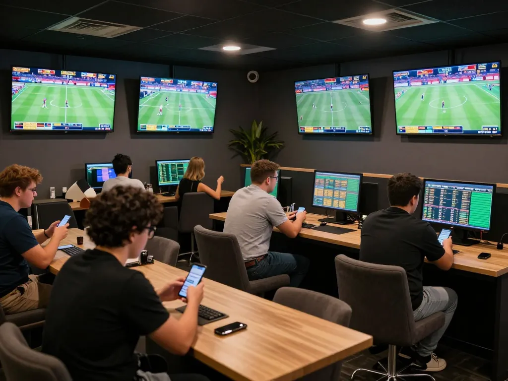 Betting excitement at 388bet sports lounge with eager players analyzing odds in a vibrant atmosphere.