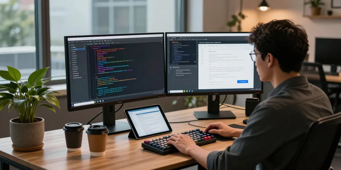 Developer coding on dual monitors in a modern workspace, highlighting 纸飞机中文版官网 features and functionalities.