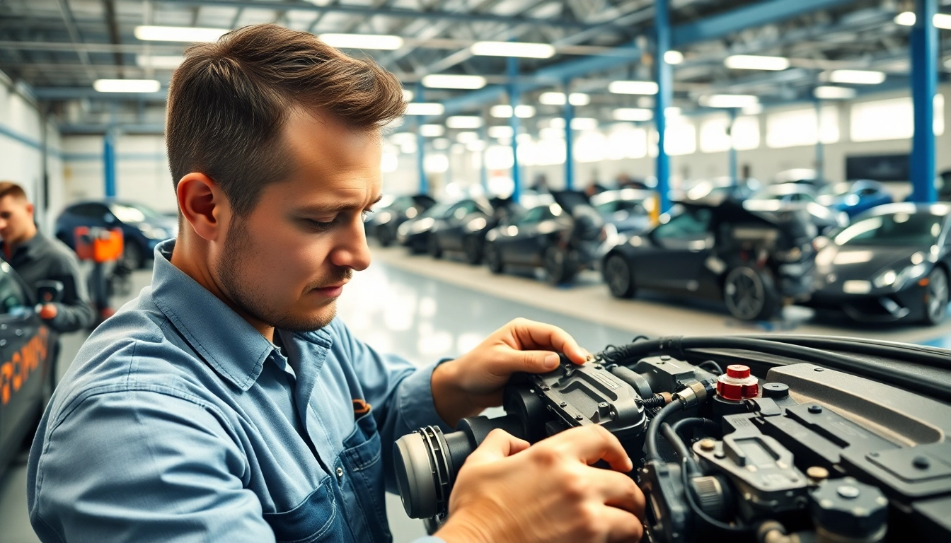 Mechanic installing Approved Engines in a modern workshop, showcasing precision and craftsmanship.