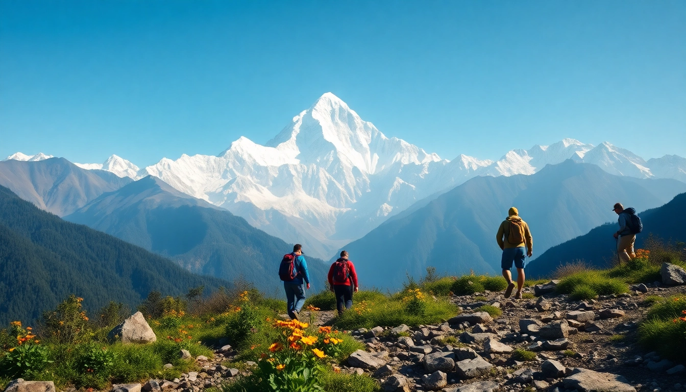 Trekkers on the Manaslu Circuit Trek, with Mount Manaslu towering in the background.
