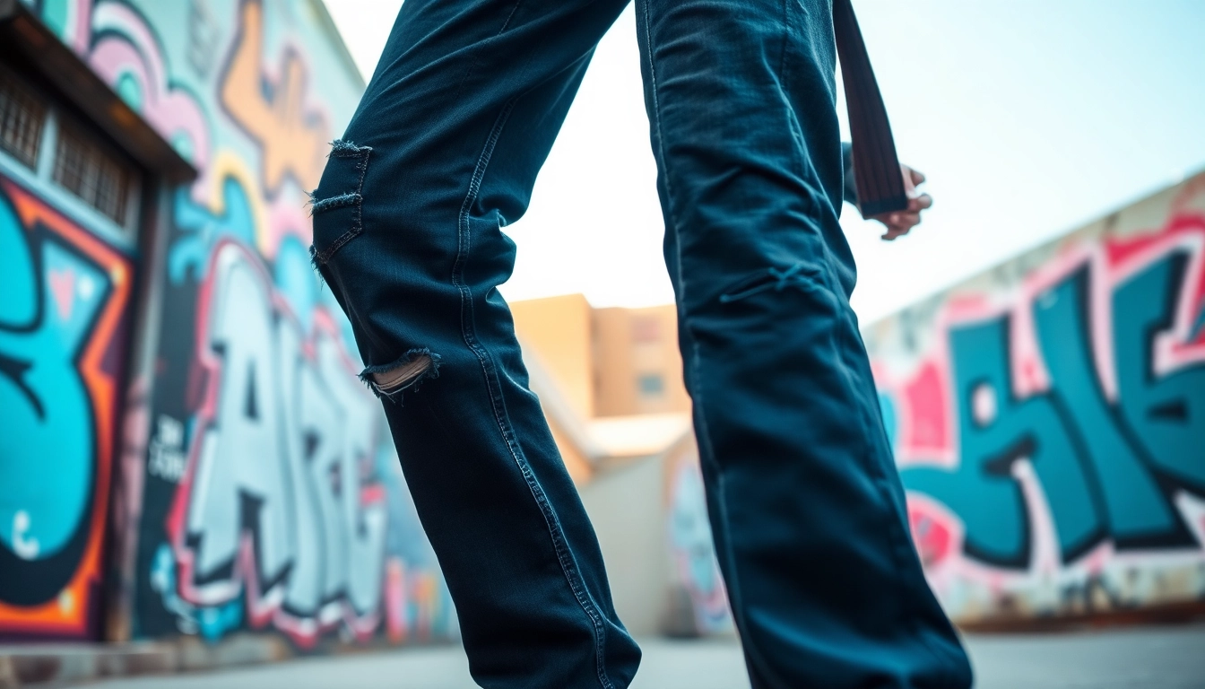 Model wearing stylish baggy black jeans in a trendy urban setting, exuding a relaxed fashion vibe.