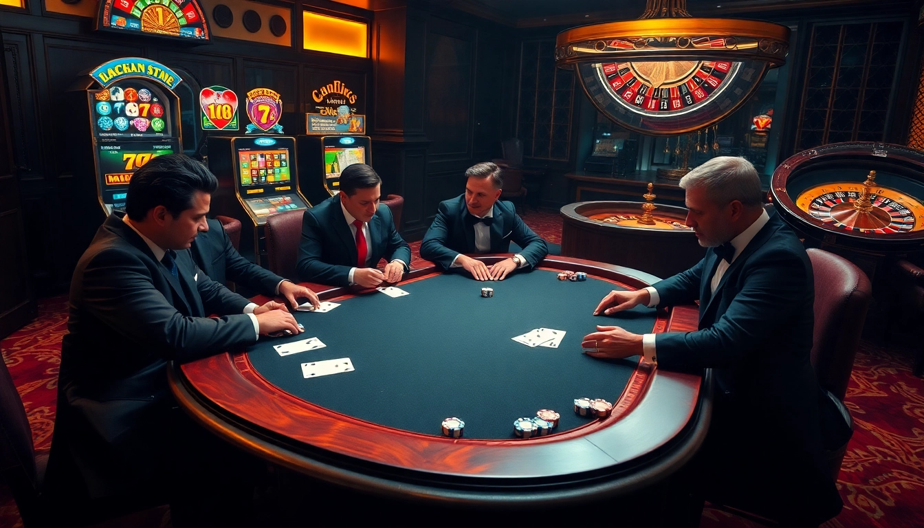 Découvrez l'excitation du casino en ligne alors que les joueurs s'engagent dans un poker à enjeux élevés à une table élégante.