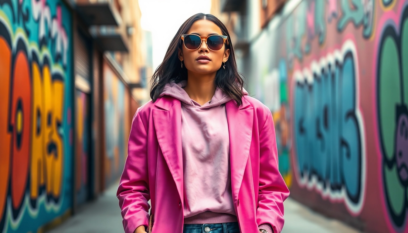 Model showcasing contemporary fashion trends with vibrant urban backdrop.