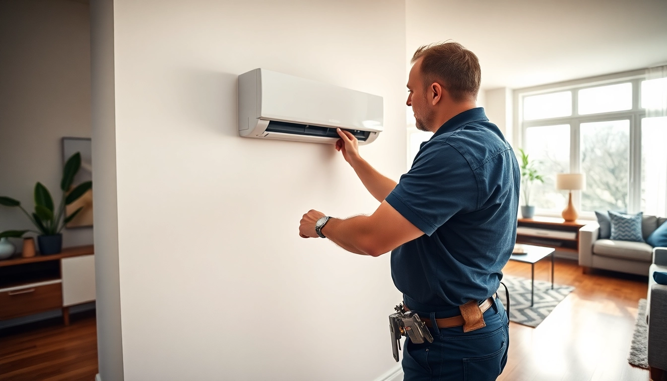 Min-Split System Installation by a seasoned technician in a stylish living room.