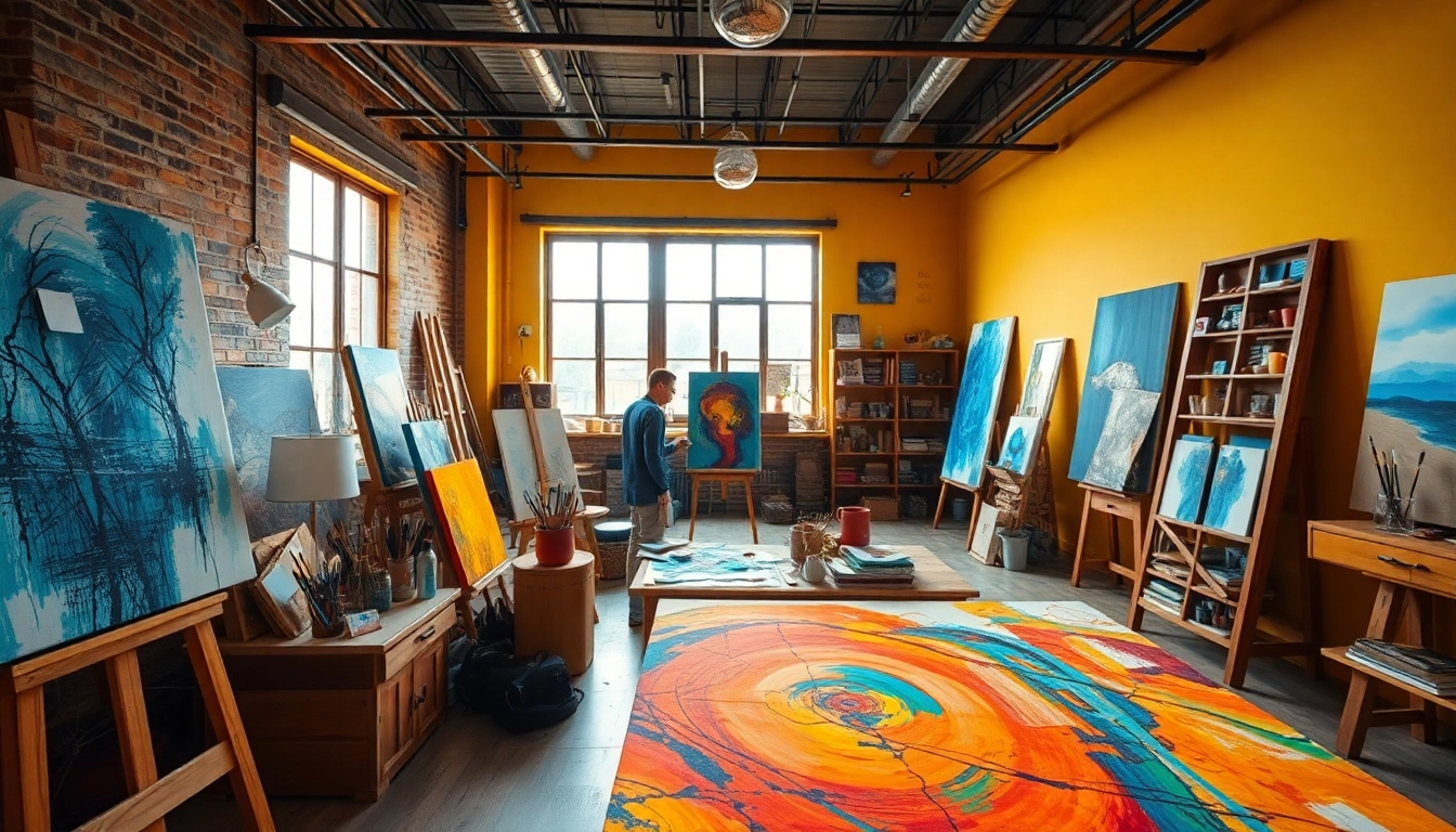 Creating art in the Old Knows Factory, showcasing a bright studio filled with inspiring elements.
