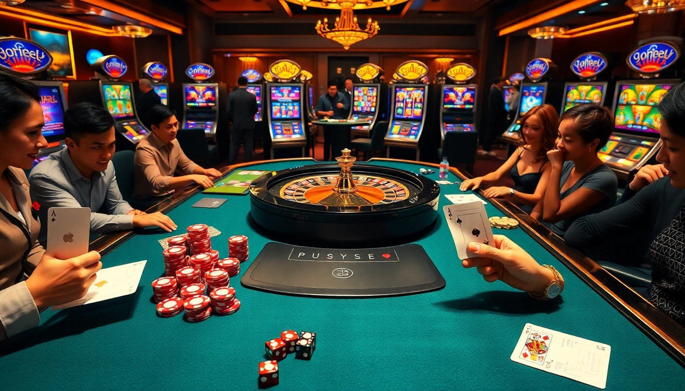 Excited players engage in high-stakes gambling at ps99seo.com casino table with vibrant poker chips.