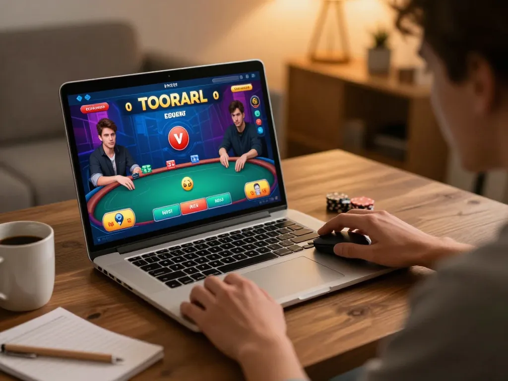 Permainan poker online yang menarik di laptop, menampilkan strategi hoki link dan fokus pemain.