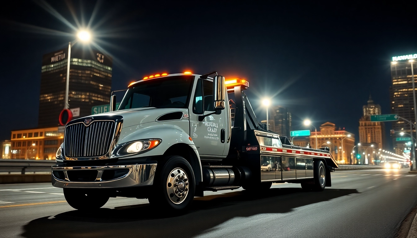 Reliable 24 hour tow truck Nashville ready for any roadside emergency on a bustling city street.