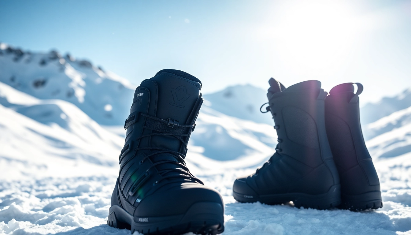 Showcase snowboard boots showcasing craftsmanship and performance features in a snowy environment.