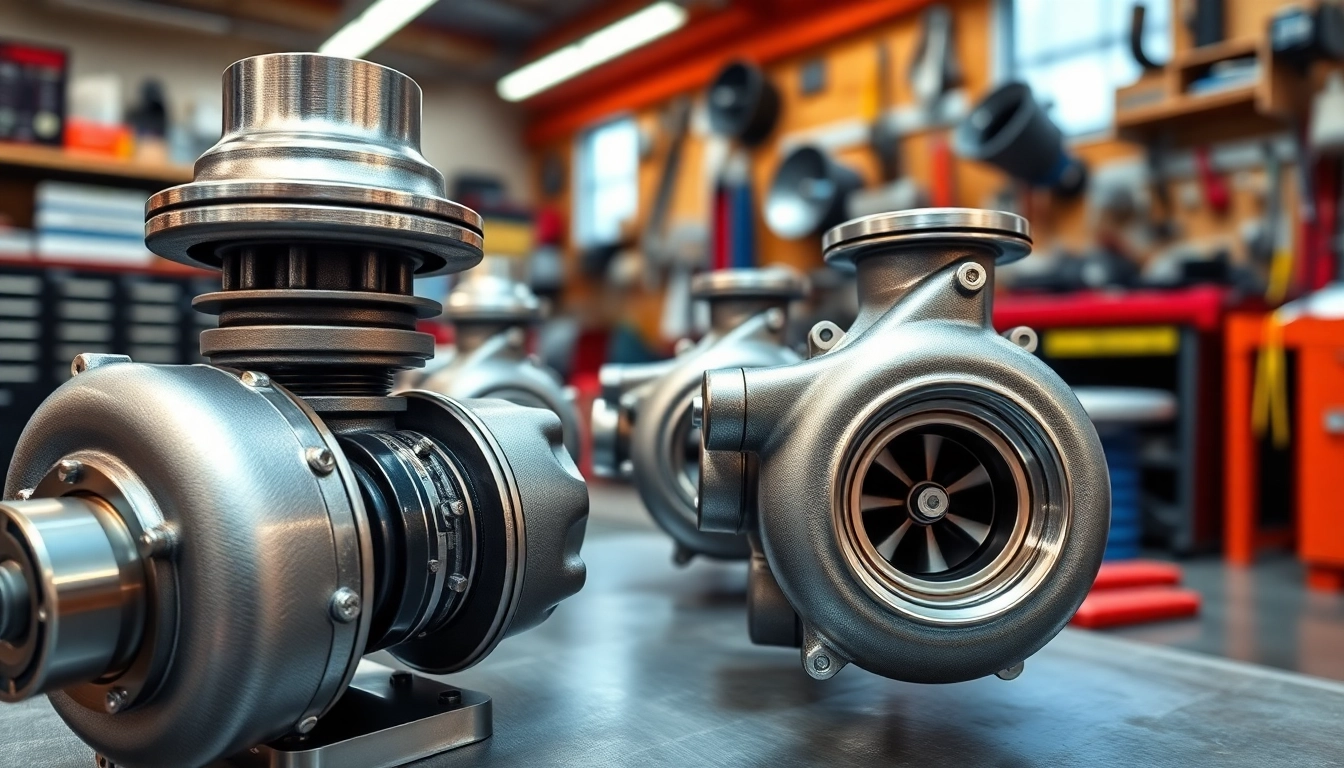 Turbosmart turbos displayed prominently in a bright workshop, showcasing automotive engineering.
