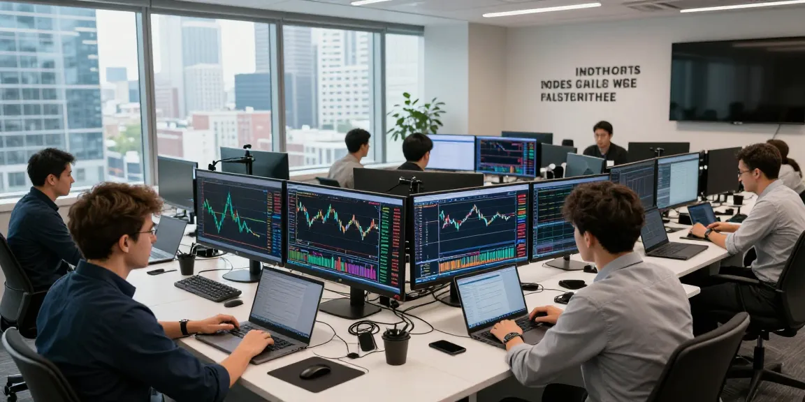 Dynamic trading room analyzing live forex charts with engaged team members and large screens