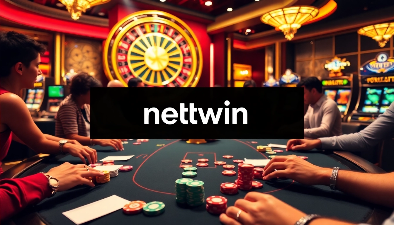 Experience the thrill at netwin, where players compete fiercely at a glamorous casino poker table surrounded by vibrant games.