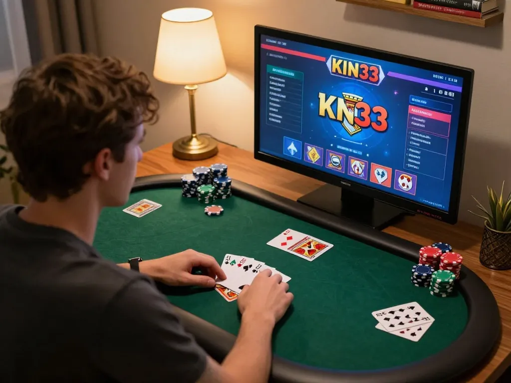 Engaging online poker gameplay at king33 with ambient lighting and strategic focus in a cozy home setting.