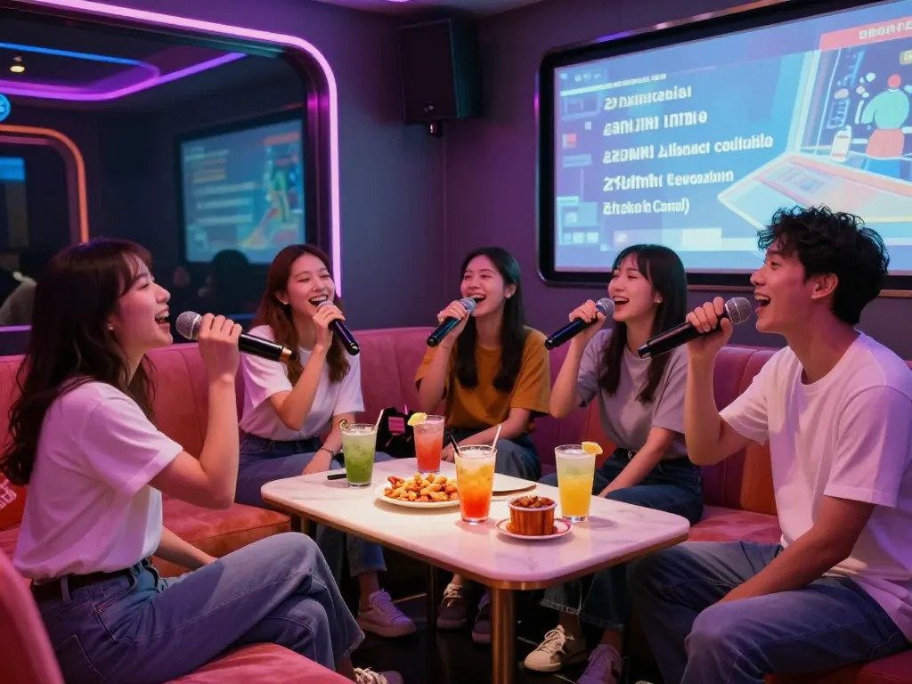 3no.org/seo 서비스를 소개하는 활기찬 방에서 노래방을 즐기는 그룹.