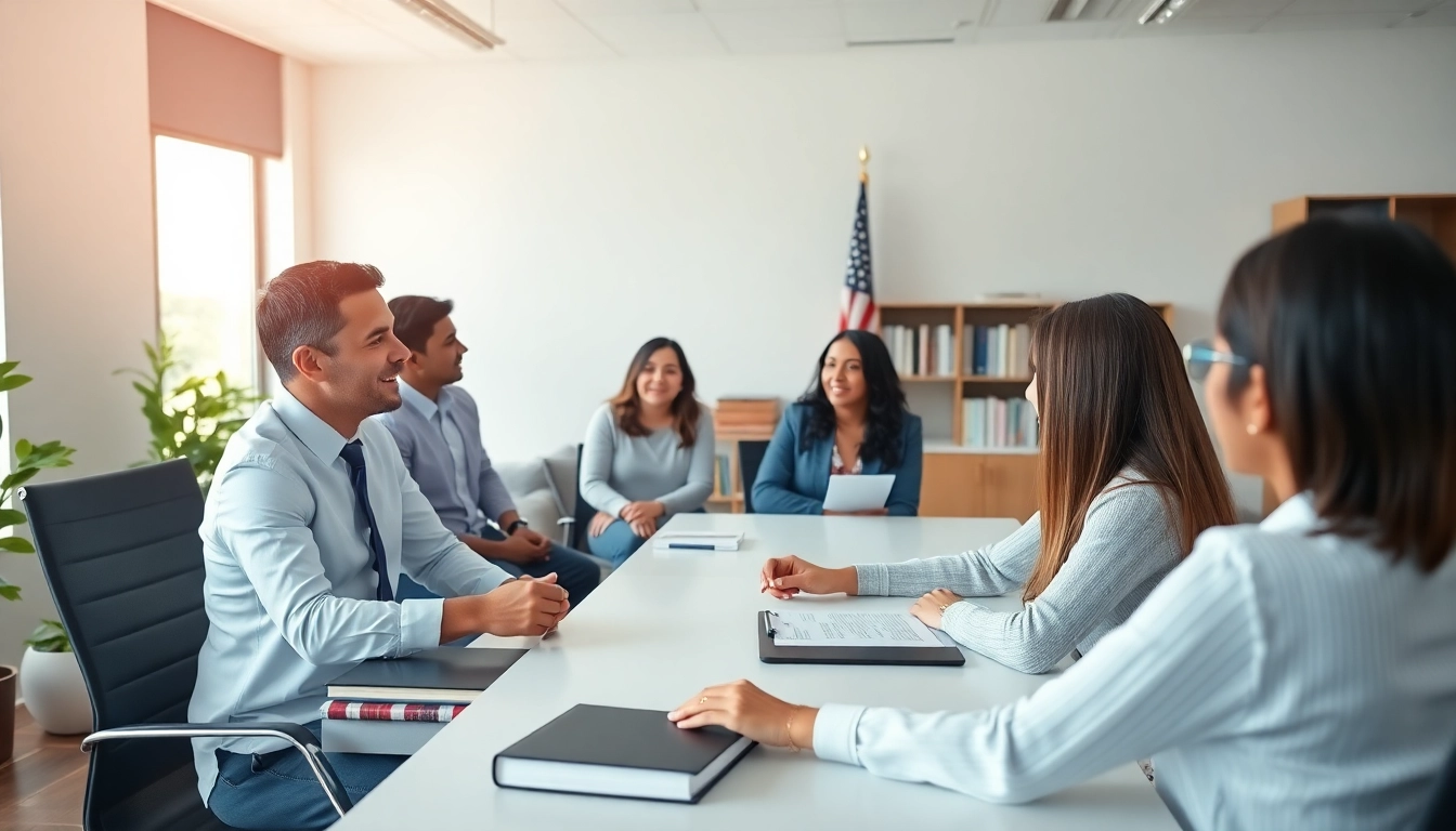 New Hampshire Immigration Lawyer assisting diverse clients in a professional office setting.