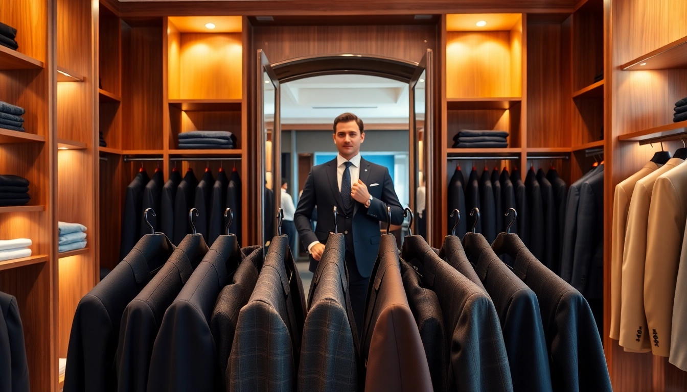 Showcasing bespoke custom made suits in a stylish boutique setting, highlighting elegant craftsmanship.