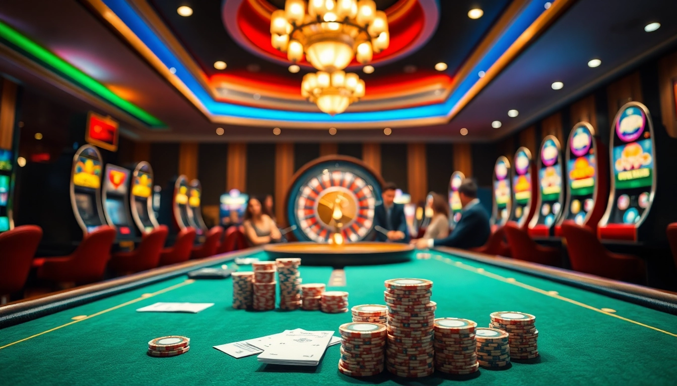 Experience the thrill of high-stakes gambling at a luxurious casino featuring s8 poker tables and vibrant slot machines.