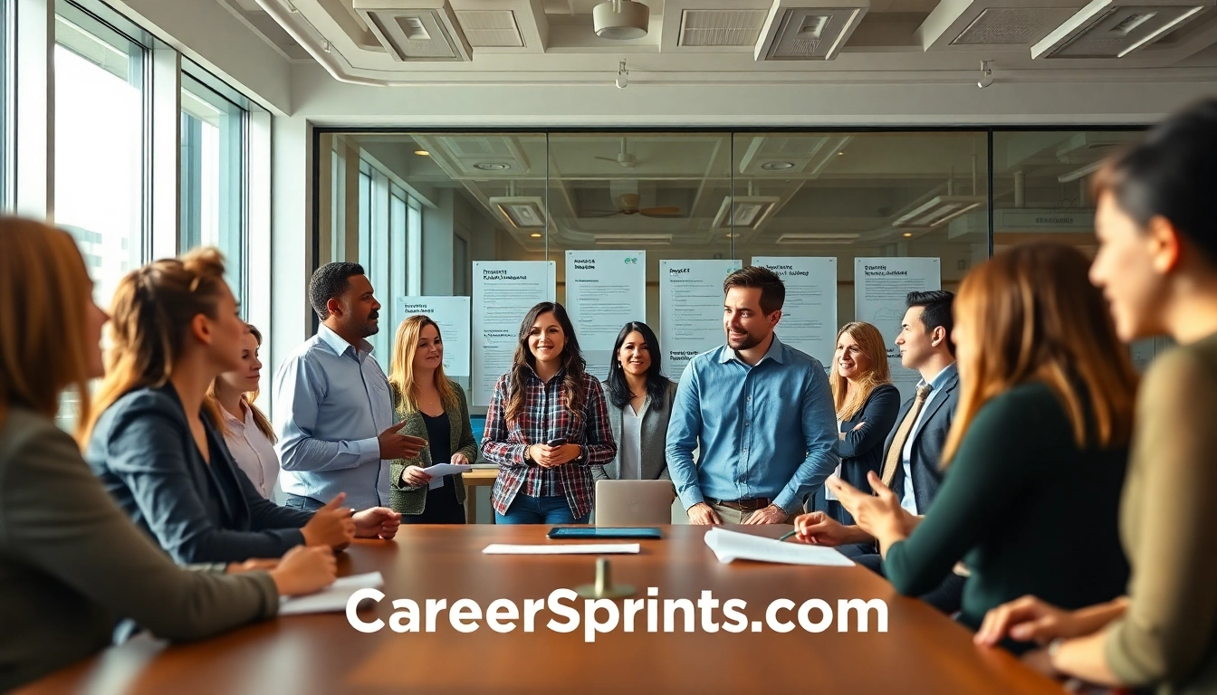 Engaged professionals collaborating in a modern office at CareerSprints.com for career advancement.