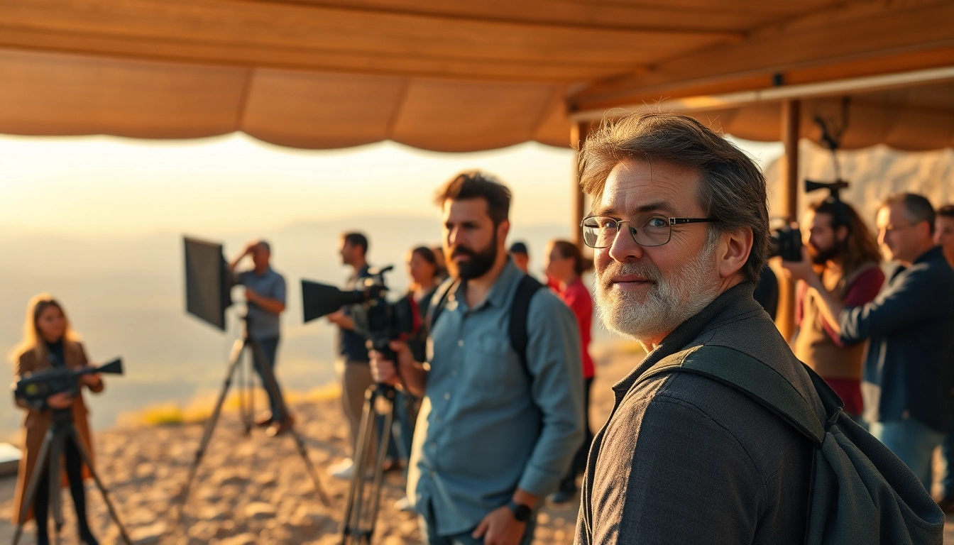 Cinematic video production behind scenes showcasing a diverse crew in action.