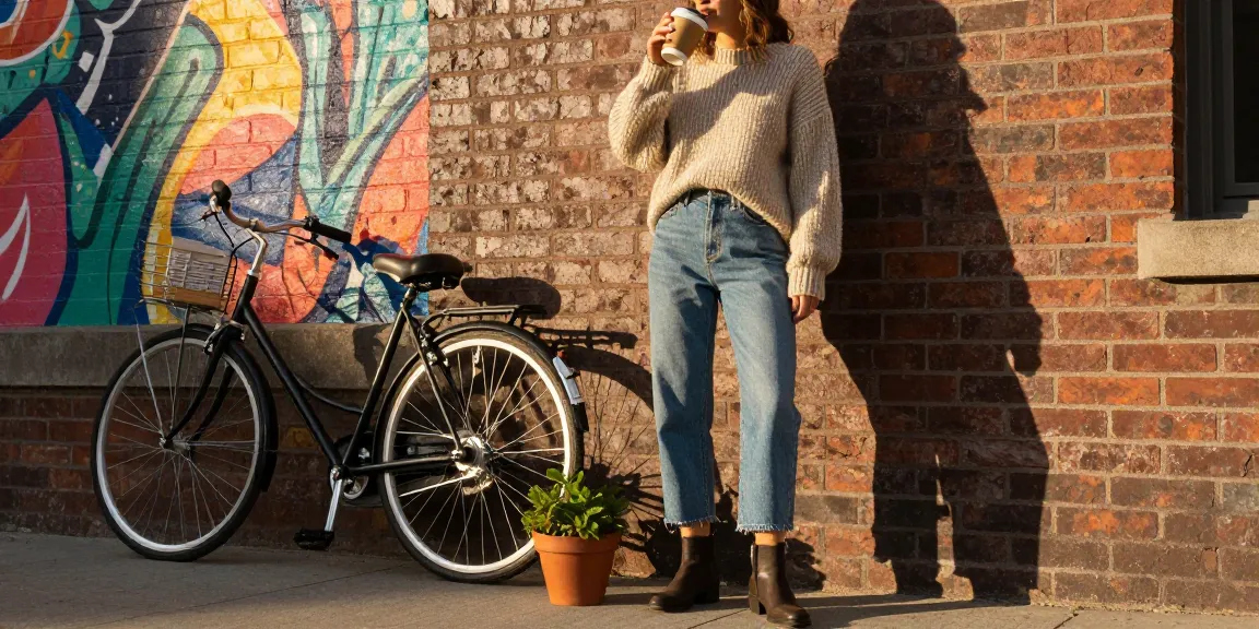Stylish model in a knit sweater enjoying coffee in a vibrant urban setting