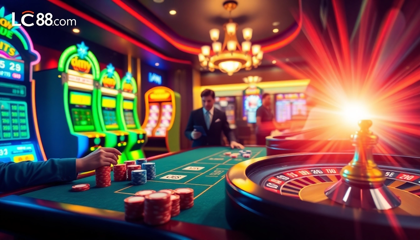 Players enjoying high-stakes games at lc88.com with vibrant casino elements and excitement.