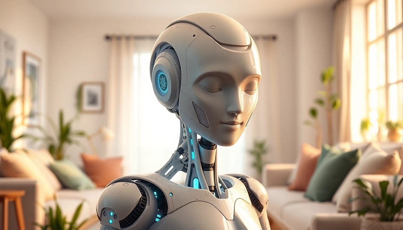 Engage with an innovative AI Friend in a bright, friendly living room atmosphere.