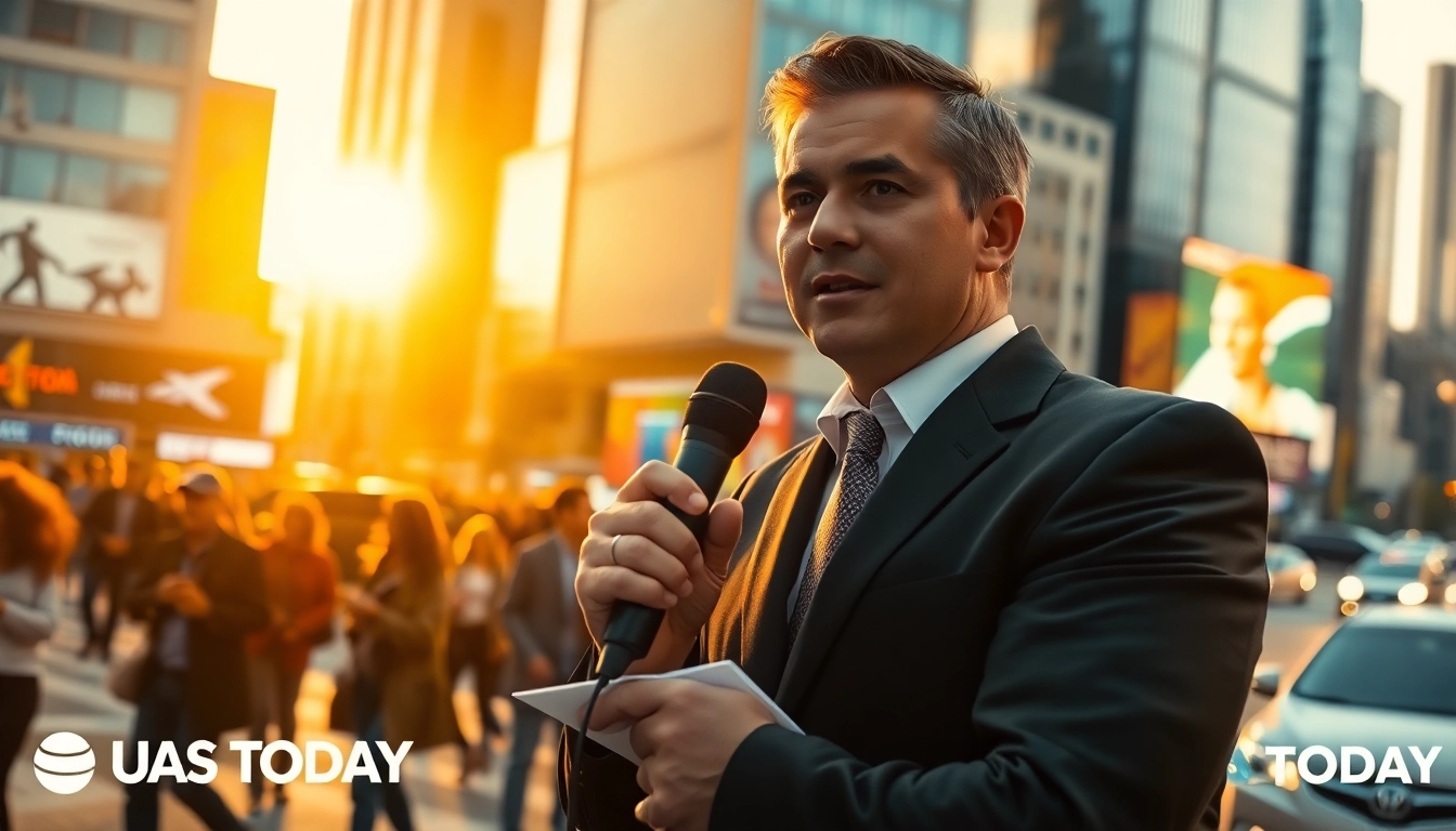 Engaging news reporter shares insights about Usa Today amidst a lively urban backdrop.