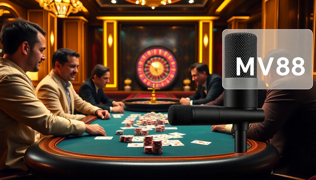 Exciting casino gameplay featuring players and MV88 microphone for streaming quality.