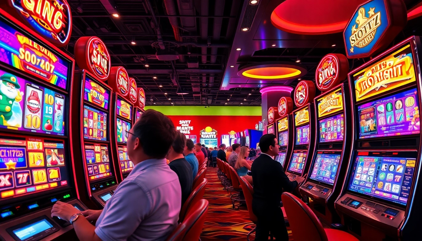 Permainan slot777 dengan atmosfer kasino yang ramai, menampilkan pemain yang antusias.