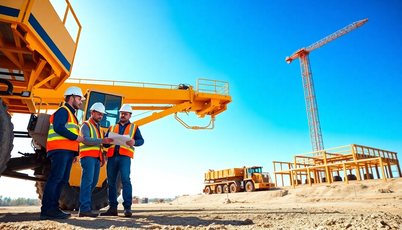 Construction association Wyoming professionals collaborating on-site with heavy machinery.