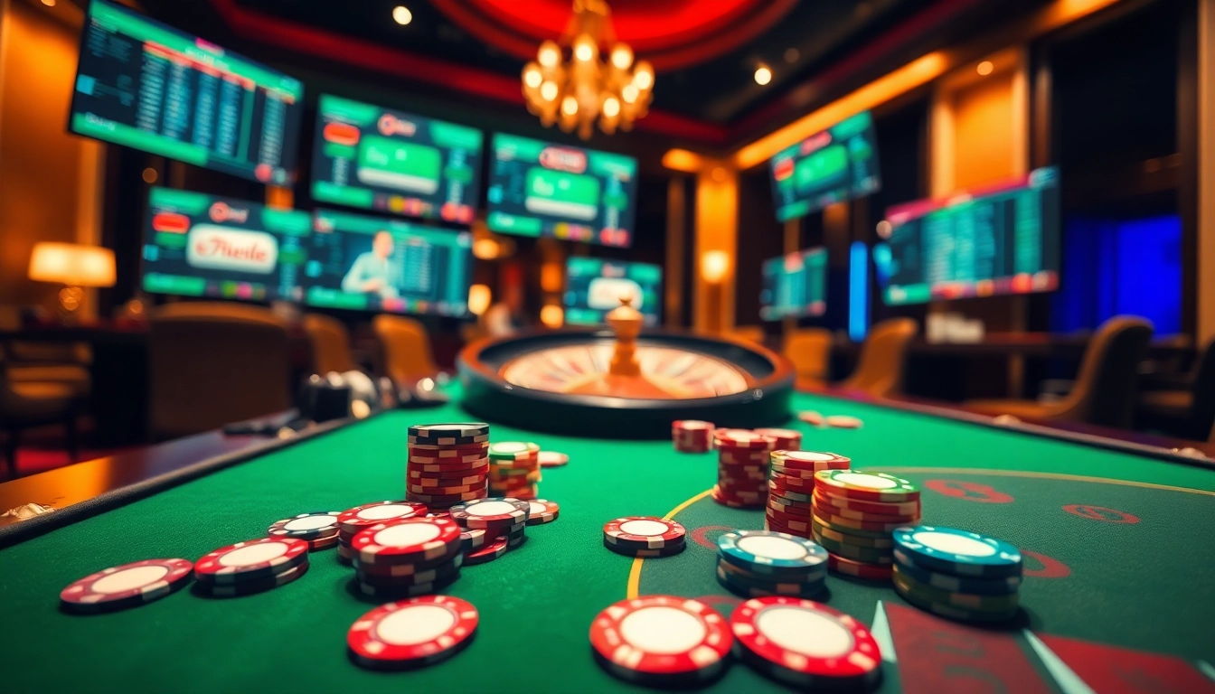 Experience the thrill of UU88 with a luxurious casino scene showcasing poker, roulette, and online betting excitement.