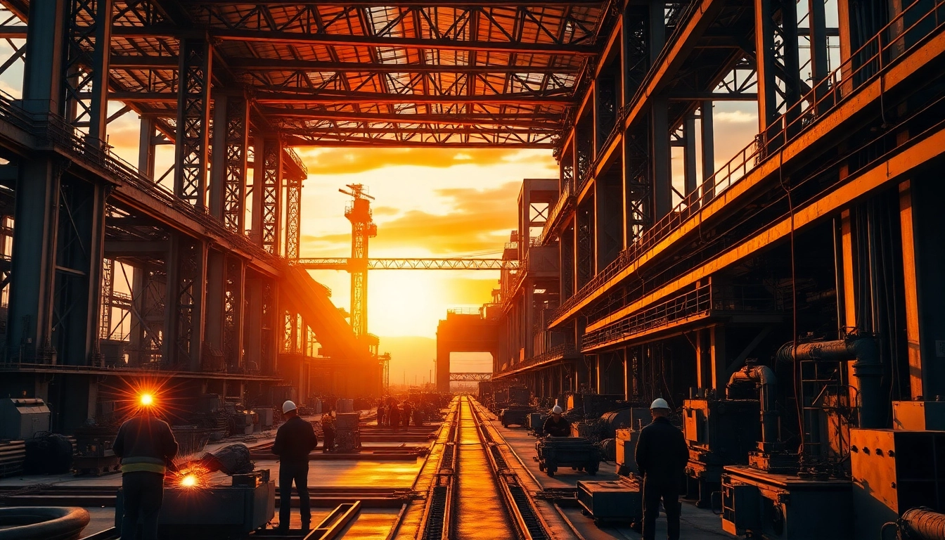 Workers operating machinery in a modern steel mill during sunset, showcasing industrial strength.