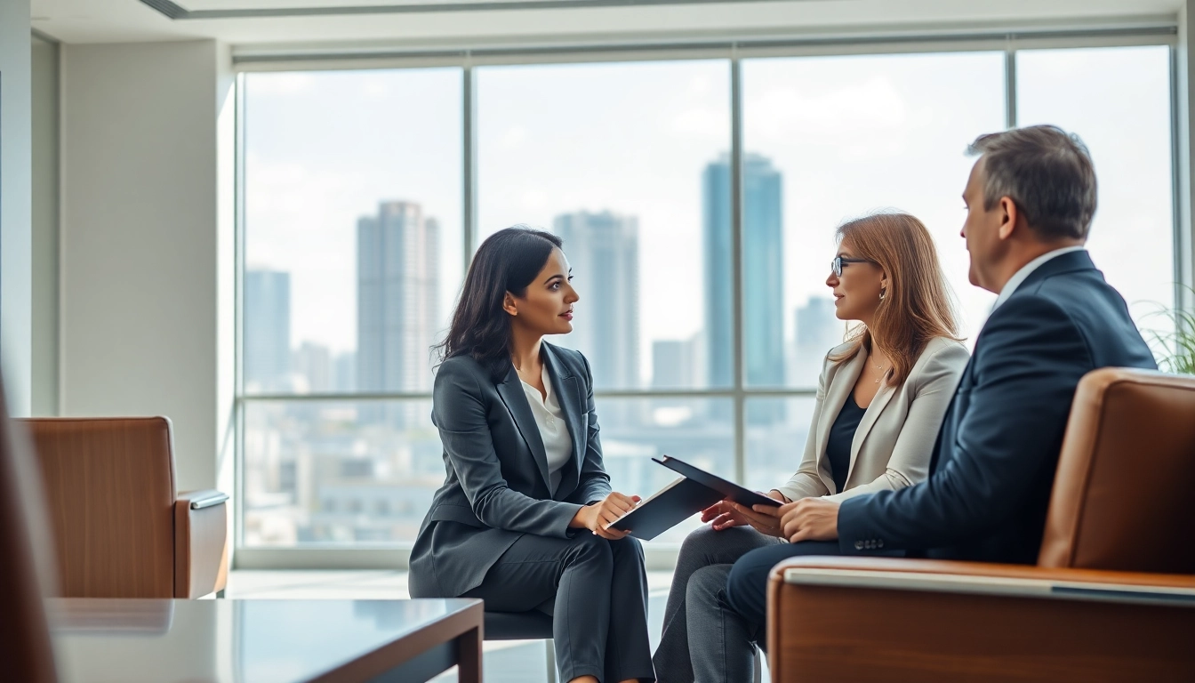 Consultation between Miami divorce lawyers and client in modern office space.