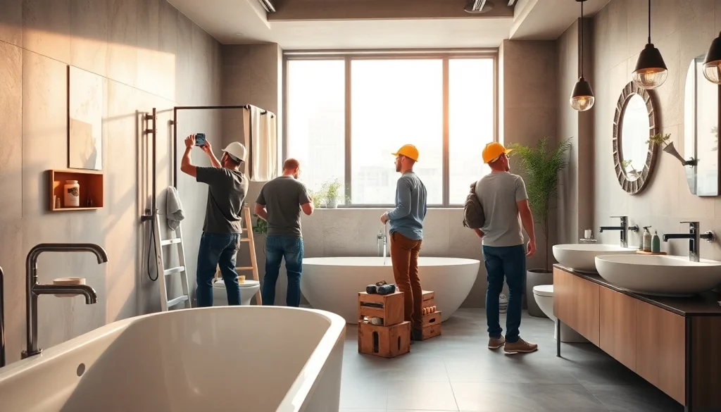 Skilled bathroom builders enhancing a contemporary space with premium finishes and eco-friendly materials.