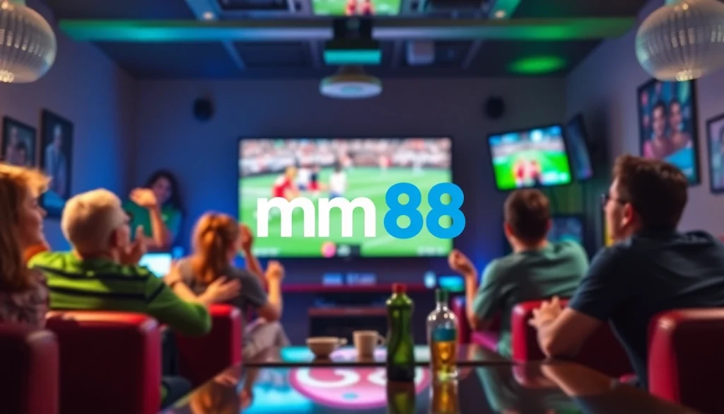 Engaging scene featuring mm 88 logo with enthusiasts enjoying online betting in a lively setting.