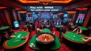 MM88 enhances your gaming experience with thrilling casino tables, poker chips, and vibrant slot machines.