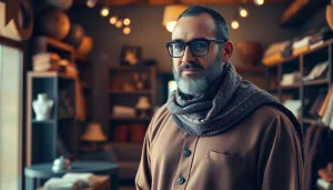 A man elegantly showcasing a Jubba, highlighting its premium fabric and craftsmanship in a boutique setting.